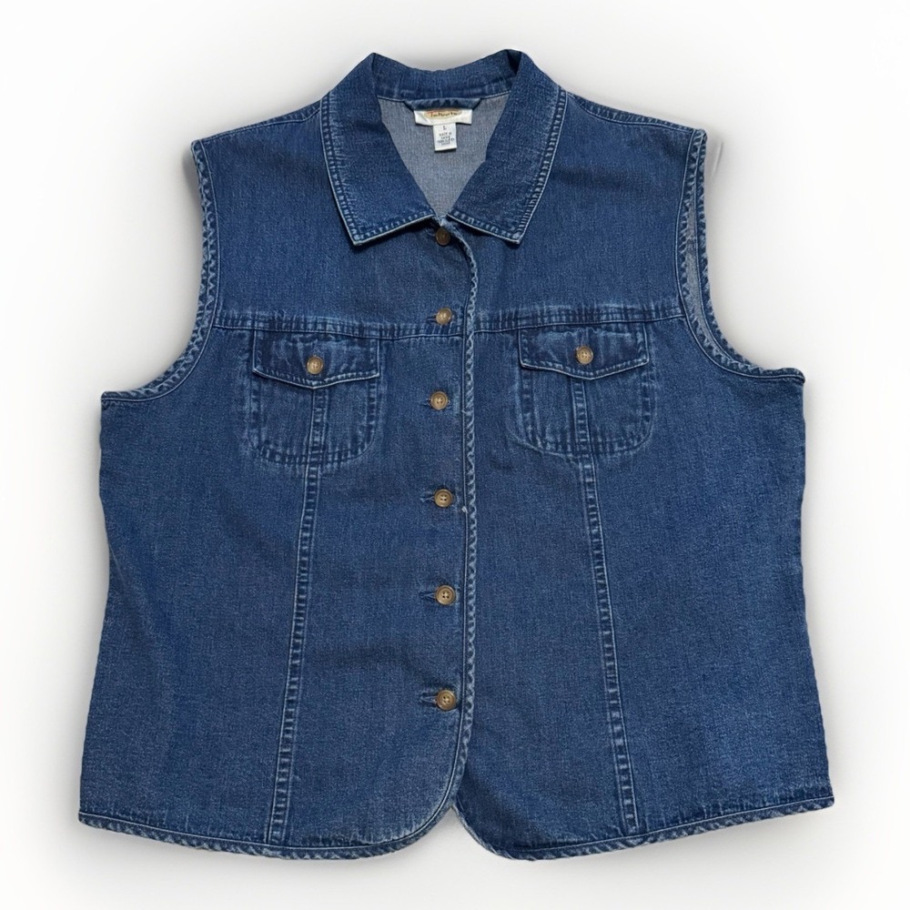 VTG Talbots Women's Denim Sleeveless Button Up Vest-Large-Boho-Country-90s-Chore